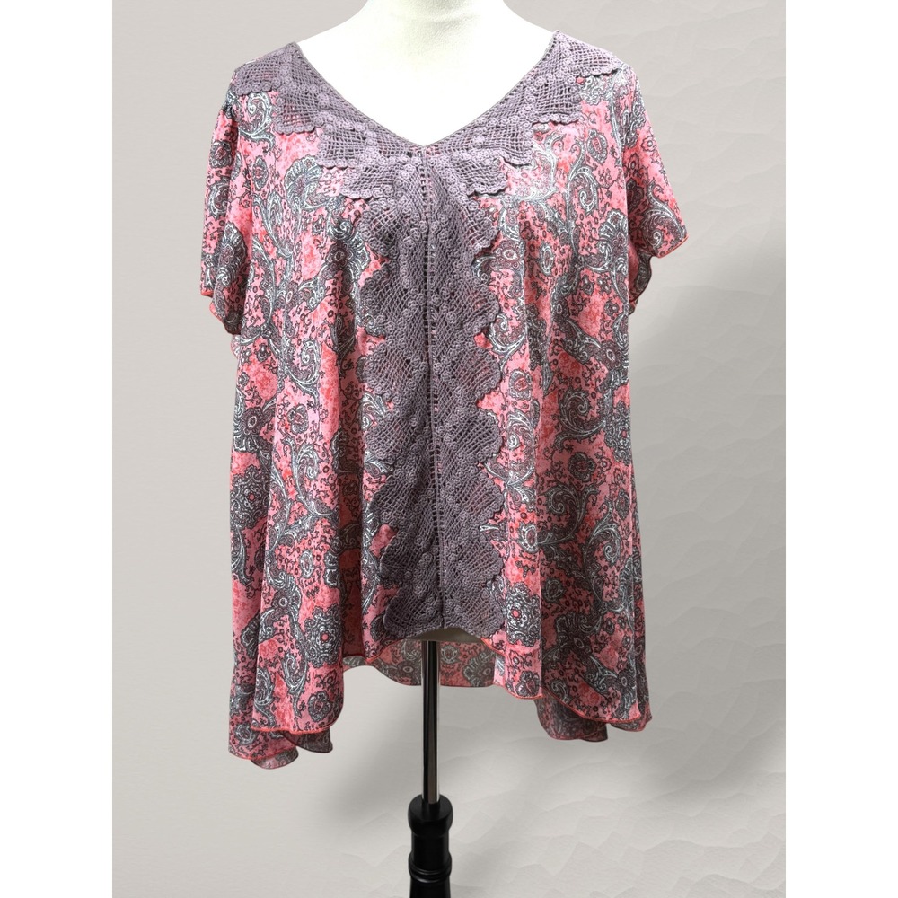 Energe World Wear Blouse Women 2X‎ Coral Boho Paisley Crochet Lace Overlay